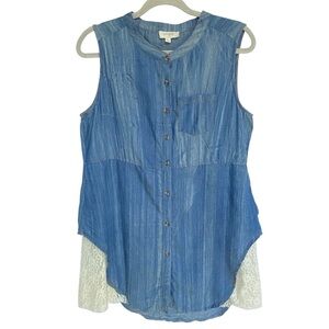 Umgee Blue Chambray Lace Sleeveless Tunic Dress Womens Size Large Western Boho